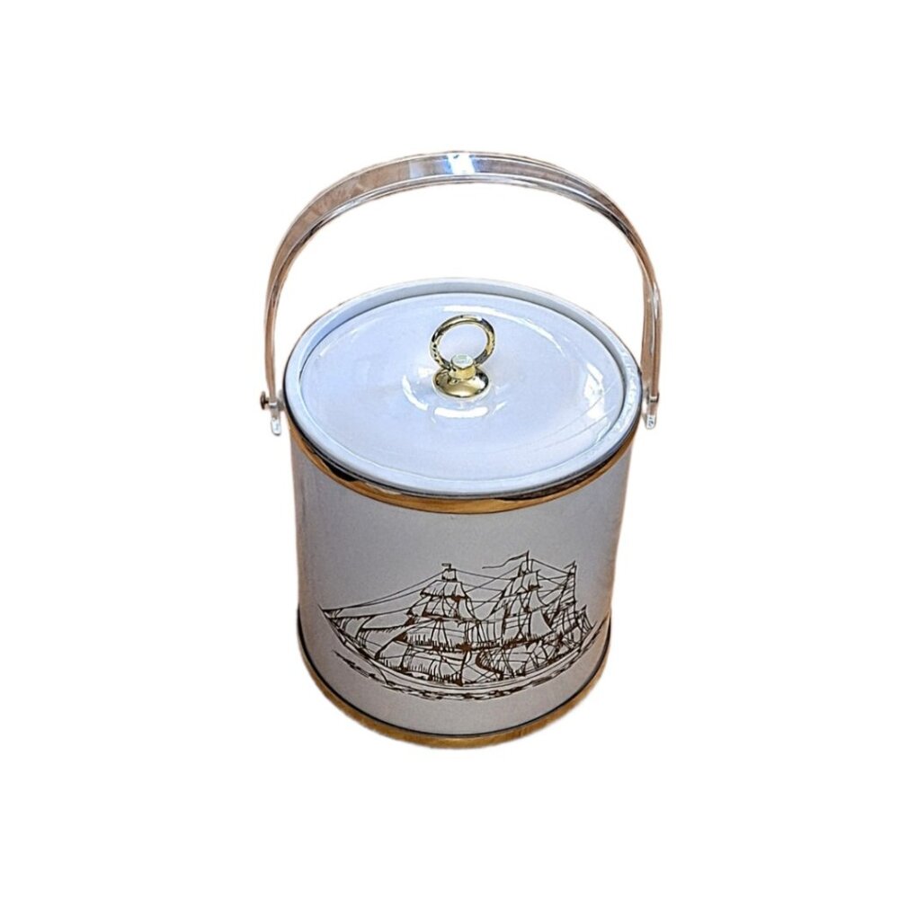 Vintage White Clipper Ship 3 Quart Ice Bucket Lucite Handle w/Lid USA